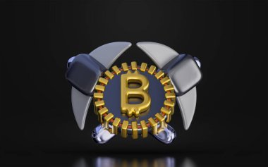 Koyu arkaplandaki bitcoin madencilik işareti gelecekteki para birimi kriptosu için 3d oluşturma kavramı
