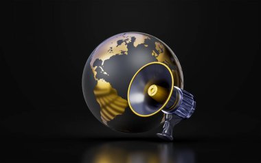 Koyu arka planda megafonla dünya imzası. Çevrimiçi reklam için 3D yorumlama kavramı.