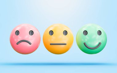 Üç farklı stil renginde emoji imzası ve ifade sosyal medya için 3D yorumlama kavramı