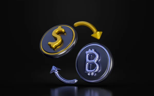 Bitcoin Mit Dollar Und Rotationspfeil Zeichen Auf Dunklem Hintergrund Renderkonzept — Stockfoto