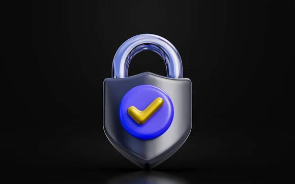 パスワードの安全保護のための暗背景3Dレンダリングコンセプトのチェックマーク付き南京錠 — ストック写真
