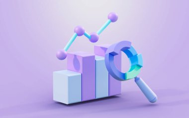 Ekonomik büyüme araştırmaları için cam imzalı işletme hattı çubuğu grafiği 3D oluşturma kavramı