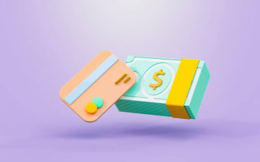 Dolar destesi işaretli kredi kartı dijital para ödeme işlemi için 3d oluşturma kavramı