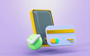 Çevrimiçi ödeme için kredi kartı işaretli akıllı telefon imzası 3d oluşturma kavramı tamamlandı