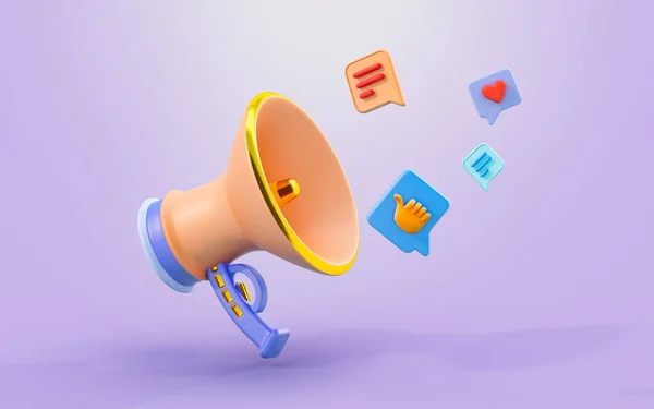 带有Emoji标志的扩音器3D渲染社交媒体营销反馈概念 — 图库照片
