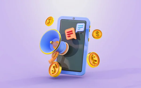Smartphone Met Megafoon Bericht Chat Dollar Munt Teken Render Concept — Stockfoto