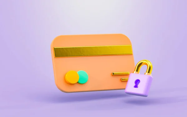 credit card with pad lock sign 3d render concept for payment security protection password
