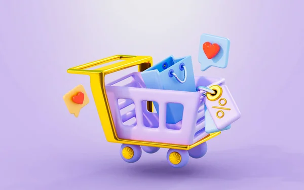 Shopping Cart Sign Bag Discount Tag Love Emoji Chat Render — Stock Photo, Image