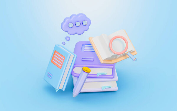 учебник с увеличительной стеклянной пузырьковой ручкой, знак 3D рендеринга концепции для обучения