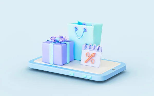 Smartphone Schild Mit Geschenkbox Einkaufstasche Kalender Renderkonzept Für Online Shopping — Stockfoto