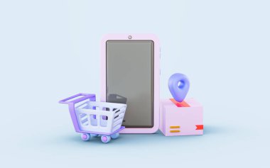 Alışveriş arabalı akıllı telefon paket kutusu konum işareti 3D dağıtım konsepti