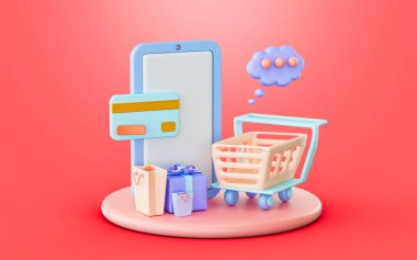 akıllı telefon alışveriş arabası hediye kutusu hediye kutusu kredi kartı sohbet podyumu 3D yorumlama konsepti