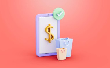 Dolar işareti işaretli akıllı telefon alışveriş çantası çevrimiçi pazarlama için 3D yorumlama kavramı