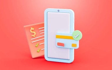 dolar fatura ile akıllı telefon kredi kartı işaretleme işareti 3d çizim konsepti hesap detayları için