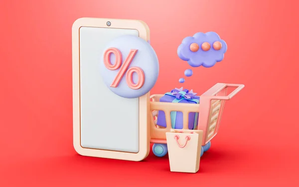 Akıllı Telefon Yüzde Markalı Alışveriş Arabası Çanta Imzalı Tasarım Konsepti — Stok fotoğraf