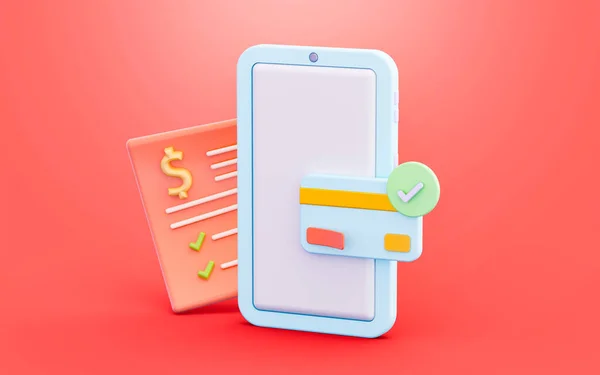 有美元发票的智能手机信用卡标记符号3D渲染概念的帐户详细信息 — 图库照片