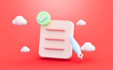 tamamlanmış proje dosyası için kalem imzası 3d illüstrasyon kavramına sahip belge kontrol işareti