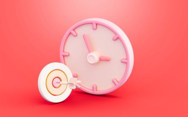 İş hedefi başarı zamanlaması yönetimi için alarmlı saat ve hedef ok 3d illüstrasyonu