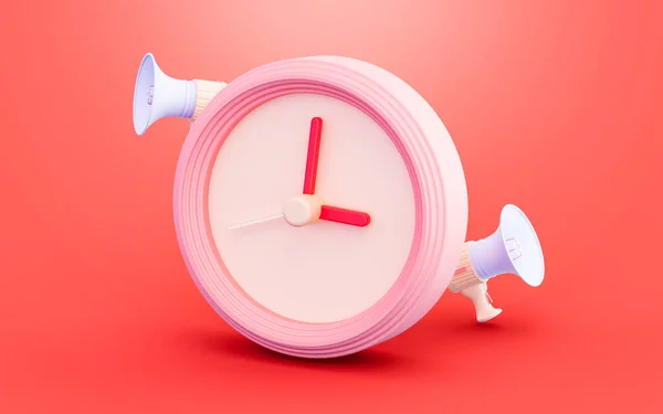 Große Uhr Und Megafon Zeichen Auf Rotem Hintergrund Illustration Für — Stockfoto