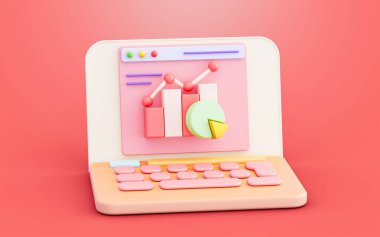 dizüstü bilgisayar finans çizelgesi ve pasta başlığı arayüzü İş Muhasebe İstatistikleri 3d illüstrasyon