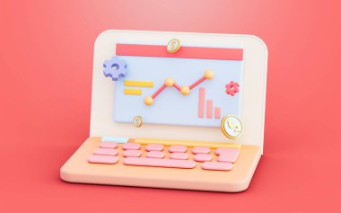 Diz üstü bilgisayarı web sitesi arayüzü paralı bozuk para Veri ve Analitik Yazılım için 3d illüstrasyon