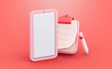 Akıllı telefon listesi kontrol defteri kalem 3d resimleme İş görevlerinin başarıyla tamamlanması