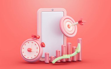 akıllı telefon saat hedefli ok çizgisi çizelgesi pazarlama raporu için 3d oluşturma kavramı