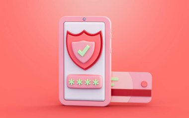 Kalkan işaretli akıllı telefon çevrimiçi ödeme güvenliği için 3d illüstrasyon imzala