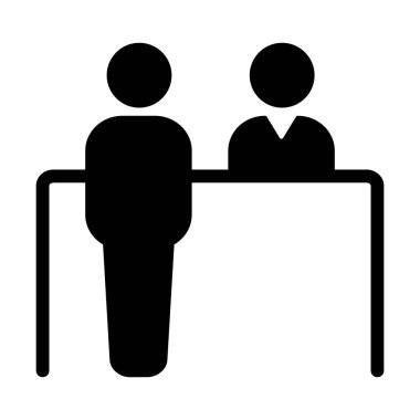 Müşteri hizmetleri masasının ana hatları simge vektörü. Grafik tasarım, logo, web sitesi, sosyal medya, mobil uygulama, UI için resepsiyon sembolü