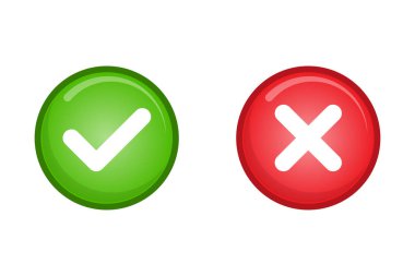 Kene ve çapraz işaretler. Yeşil işaret OK ve kırmızı X simgesi vektörü. Çember sembolleri EVET ve HAYIR tuşu oy, karar, ağ, logo, uygulama, UI. resimleme.