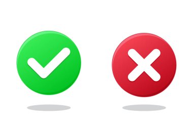 Kene ve çapraz işaretler. Yeşil işaret OK ve kırmızı X simgesi vektörü. Çember sembolleri EVET ve HAYIR tuşu oy, karar, ağ, logo, uygulama, UI. resimleme.