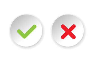 Kene ve çapraz işaretler. Yeşil işaret OK ve kırmızı X simgesi vektörü. Çember sembolleri EVET ve HAYIR tuşu oy, karar, ağ, logo, uygulama, UI. resimleme.