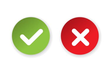 Kene ve çapraz işaretler. Yeşil işaret OK ve kırmızı X simgesi vektörü. Çember sembolleri EVET ve HAYIR tuşu oy, karar, ağ, logo, uygulama, UI. resimleme.