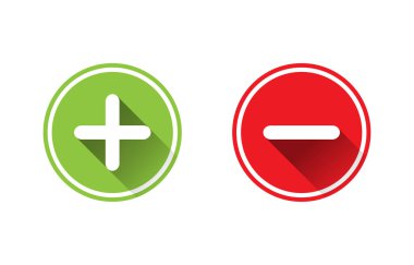 Yeşil artı ve kırmızı eksi düz vektör simgeleri. Çember sembolleri oy, karar, web, logo, uygulama, UI için düğme işaretleri ekler ve siler. resimleme