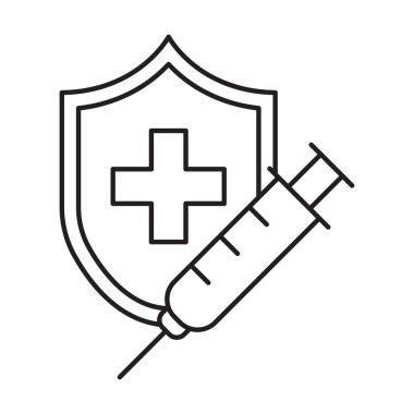 Aşı kalkanı ikonu vektör sağlık hizmeti ve grafik tasarım, logo, web sitesi, sosyal medya, mobil uygulama, UI illüstrasyon için tıbbi konsept