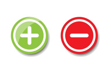 Yeşil artı ve kırmızı eksi düz vektör simgeleri. Çember sembolleri oy, karar, web, logo, uygulama, UI için düğme işaretleri ekler ve siler. resimleme