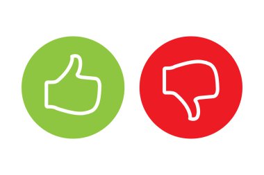 Grafik tasarımı, logo, web sitesi, sosyal medya, mobil uygulama, UI illüstrasyonuna benzeyen ve sevmeyen kırmızı daire ikon vektörüne başparmak uçları yukarı ve başparmaklar aşağı