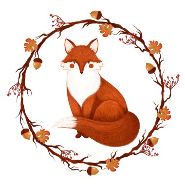 Sonbahar yaprakları, meşe palamutları, kırmızı böğürtlenler çerçevesinde el çizimi. Beyaz arkaplanda sonbahar illüstrasyonu. Sonbahar çerçevesi.