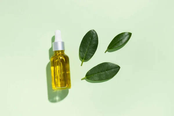 Dropper bottle with facial oil and dark shadows top view, delicate green background, skin care