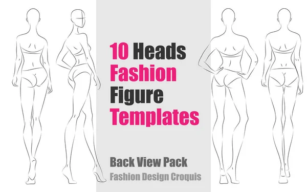 Heads Fashion Figure Templates Back View Pack Σχεδιασμός Μόδας Vector — Διανυσματικό Αρχείο