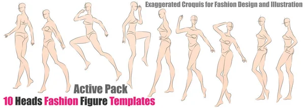 Modèles Figure Mode Têtes Pack Actif Croquis Exagéré Pour Design — Image vectorielle