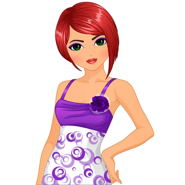 Bjd Style Redhead Doll Purple Dress Vector Illustration Character — Stock Vector