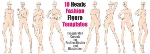 Heads Fashion Σχήμα Πρότυπα Υπερβολικά Croquis Για Fashion Design Και — Διανυσματικό Αρχείο