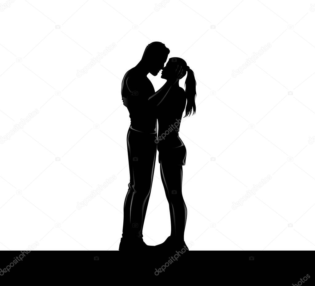 Silhouette of romantic couple on white background. Vector Illustration