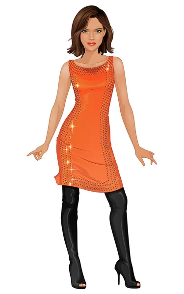 Chica Moda Vectorial Vestido Naranja Botas Altas Negras — Archivo Imágenes Vectoriales