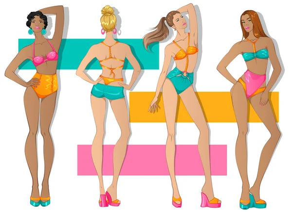 Design Moda Figuras Vestindo Colorida Swimsuit Collection Desenhos Originais Inspirado —  Vetores de Stock