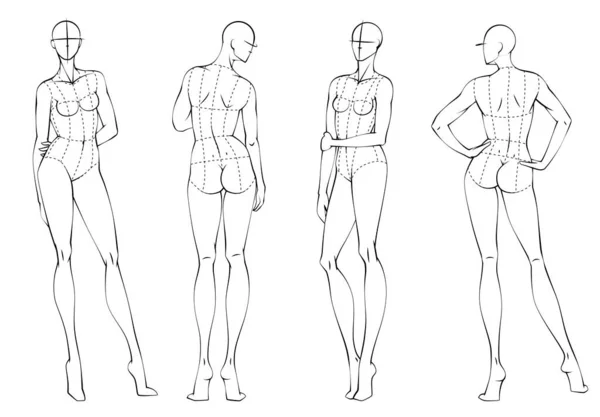 Figure Mode Dix Têtes Modèle Conception Croquis Portant Corsage — Image vectorielle