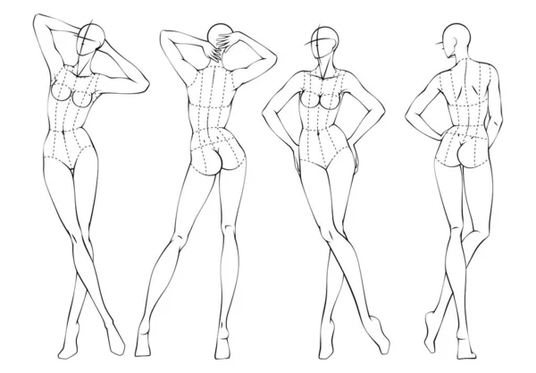 Fashion Figuur Tien Hoofden Ontwerp Template Croquis Dragen Van Bodice — Stockvector