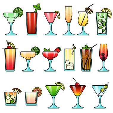Mönü, parti, markalaşma, web, uygulama tasarımı için çizgi film tarzında popüler renkli içki bardakları. Ayrı nesneler vektör illüstrasyonu