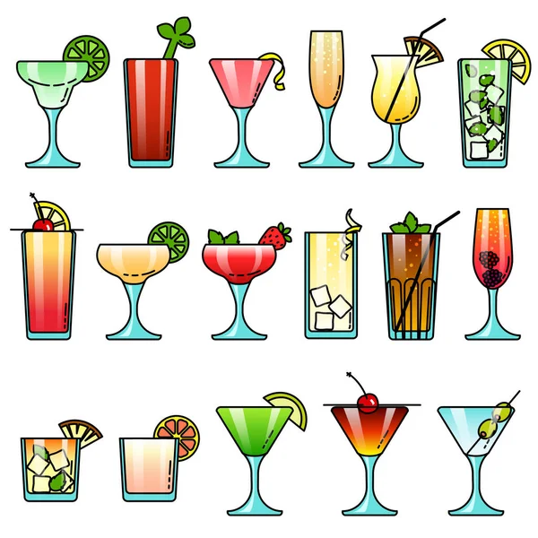 Populära Färgglada Alkohol Cocktail Drink Glasögon Ikon Set För Meny — Stock vektor